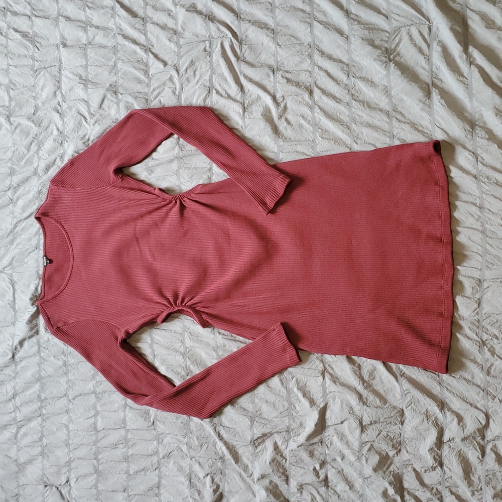 Monrow womens Burgundy Ribbed knit Long Sleeve Dress With Cut Out Sides Size L - Picture 10 of 10
